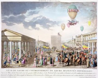Heiliges Fest und Krönung ihrer Kaiserlichen Majestäten, Ansicht des Place de la Concorde, Paris, graviert von Marchand, veröffentlicht 1806 (handkolorierte Gravur)